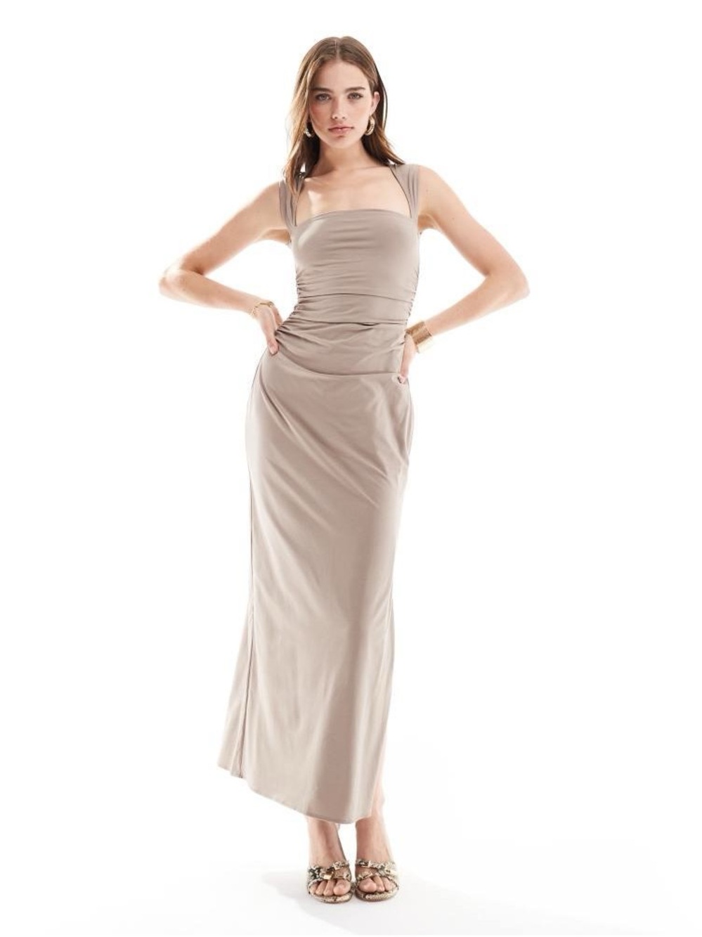 Abercrombie & Fitch Square neck Maxi Dress in Beige Size Small MSRP $100